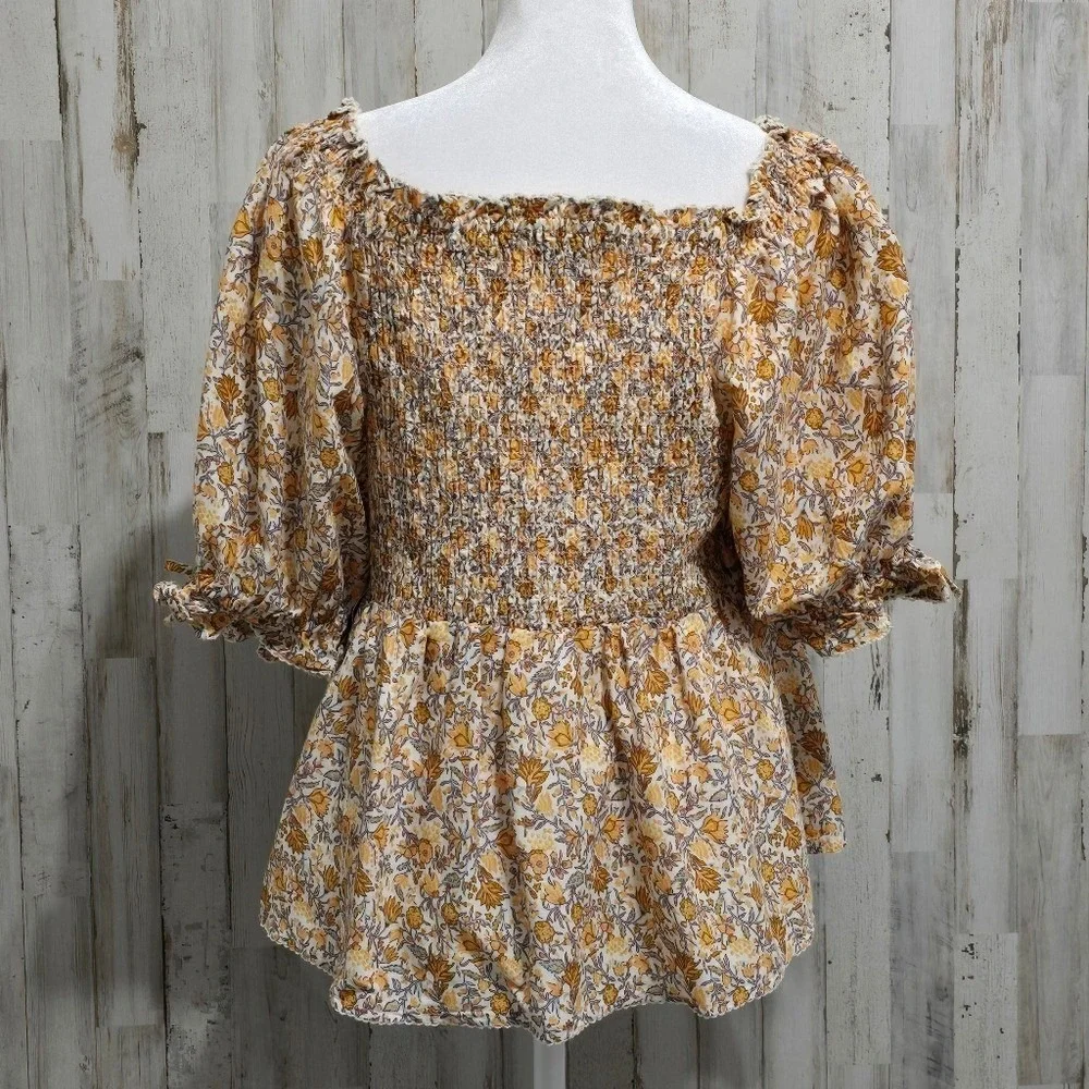 Old Navy Cream Yellow Puff Sleeve Square Neck Floral Babydoll Blouse Size Large